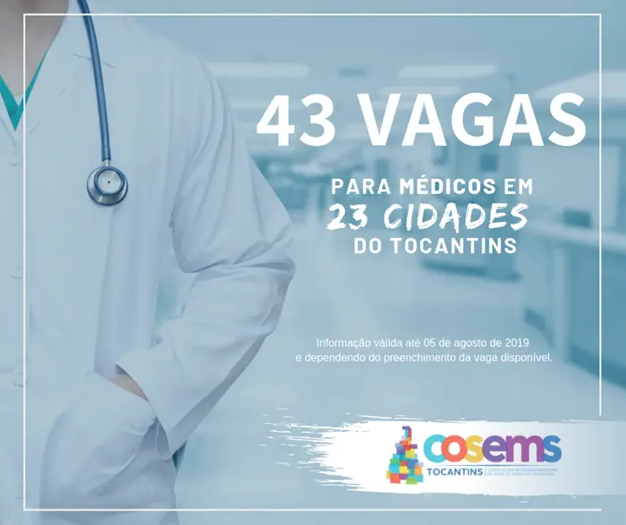 COSEMS-TO divulga 43 vagas para médicos em 23 cidades do Tocantins