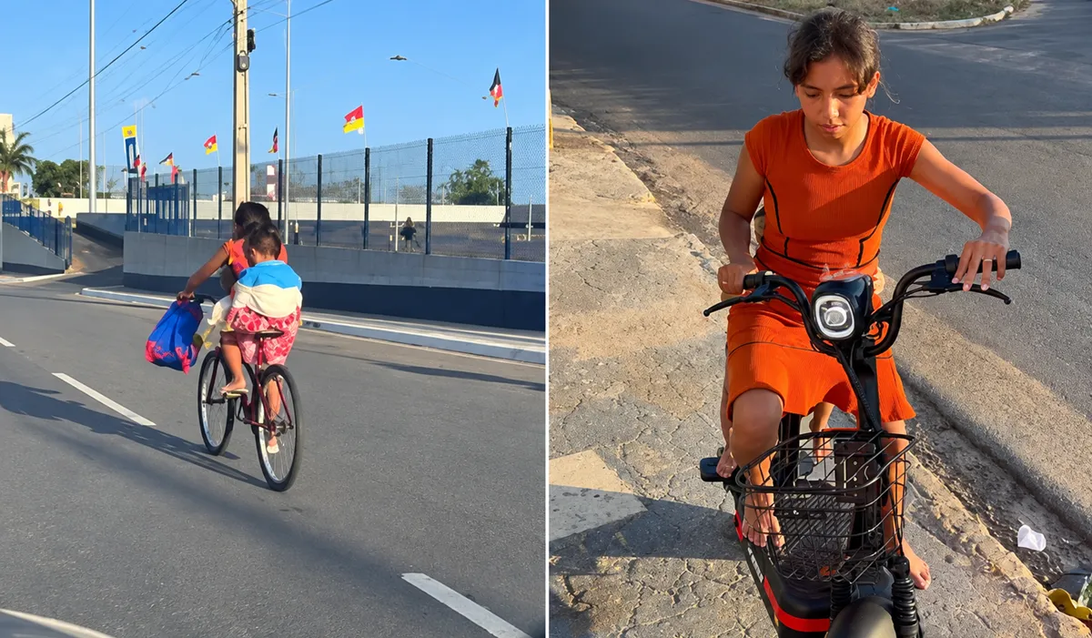 Mãe que levava o filho amarrado à cintura ganha bicicleta elétrica em Araguaína