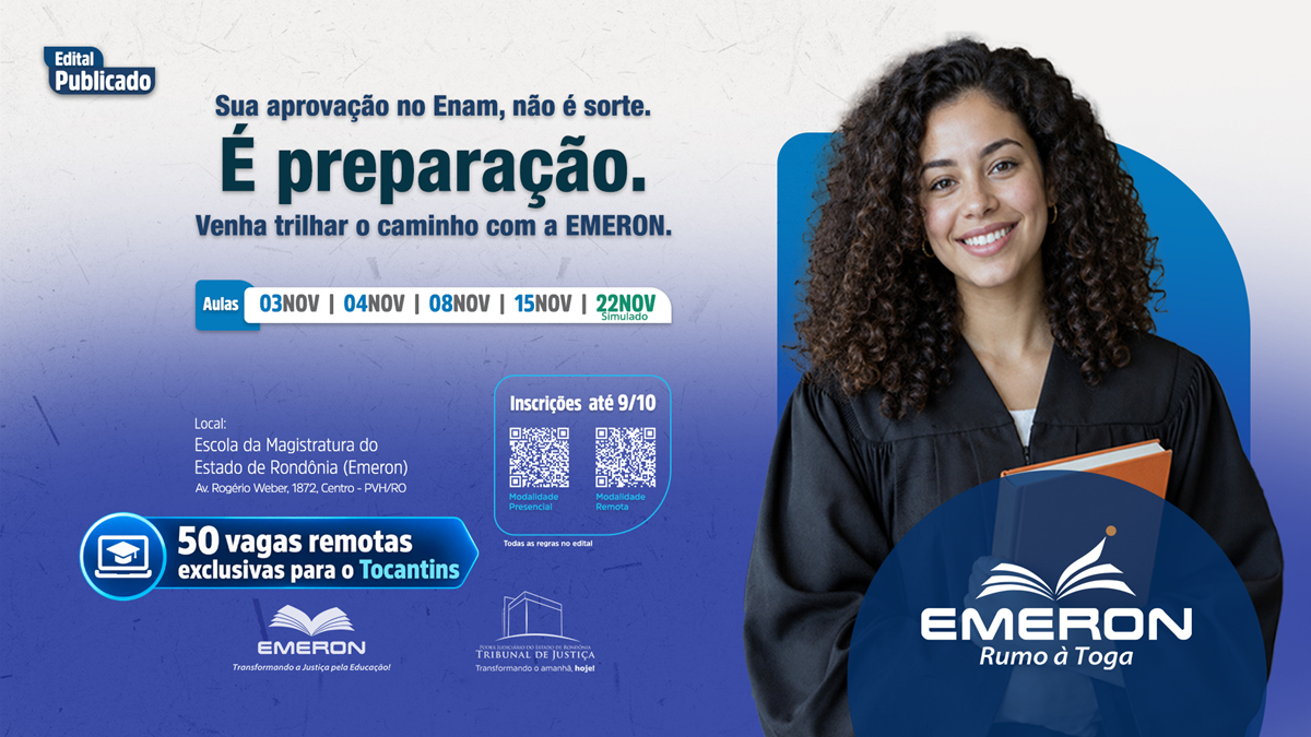 Emeron abre 50 vagas online a candidatos do Tocantins em preparatório gratuito para o Enam